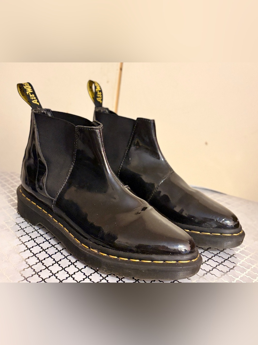 Dr. Martens Black Patent Chukka Boots with Yellow Stitching - Unisex